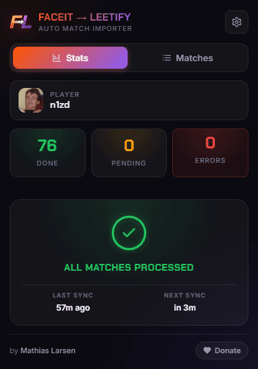 The Faceit To Leetify extension with 76 completed imports and all matches processed.